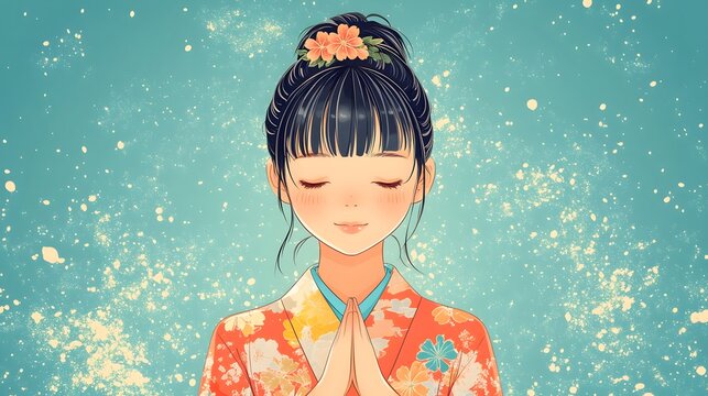 Beautiful Japanese Woman in Traditional Kimono with Flowers