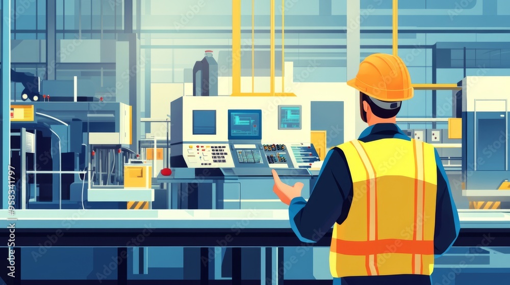 Poster An engineer in a factory setting, supervising the assembly line with safety gear on, while discussing production efficiency with a colleague beside heavy machinery.