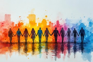 Naklejka premium watercolor silhouettes of diverse people holding hands walking towards viewer unity in diversity theme soft pastel background