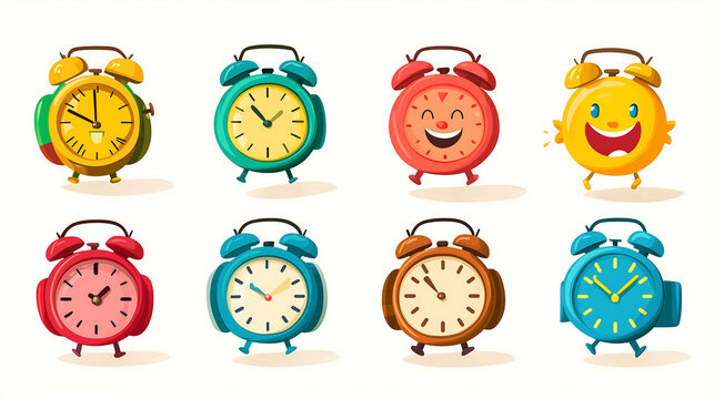 Set of cartoon alarm clocks in various colors and emotions on a white background in a vector illustration style with a flat design high resolution and high level of detail in a professional quality