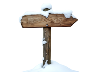Wooden signpost in snow isolated on transparent or white background