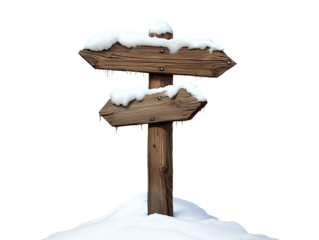 Wooden signpost in snow isolated on transparent or white background
