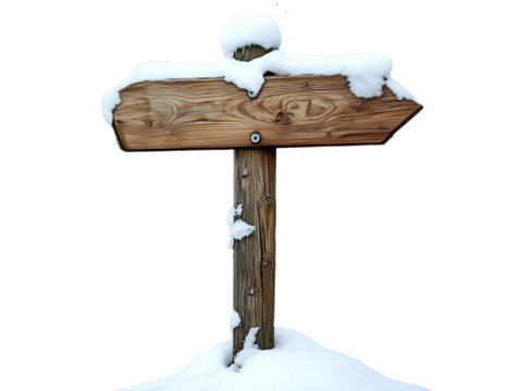 Wooden signpost in snow isolated on transparent or white background