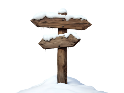 Wooden signpost in snow isolated on transparent or white background