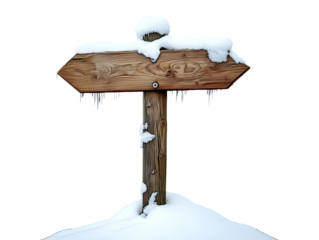 Wooden signpost in snow isolated on transparent or white background