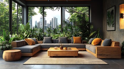 Fototapeta premium Urban jungle loft living room with indoor plants covering every corner, wooden furniture with a natural finish, and large windows with a view of the city,