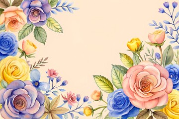 Soft peach background framed by vibrant watercolor roses, peonies and greenery. Perfect for invitations, greeting cards, and spring designs conveying warmth, beauty, and celebration.
