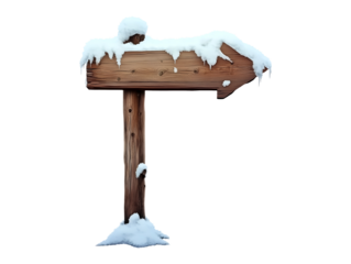 Wooden signpost arrow in snow isolated on transparent or white background