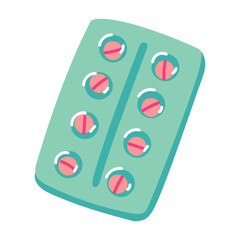 colored flat blister with tablets for the treatment of the disease. A flat illustration in blue and pink color. Pills to take. Prevention and treatment of the disease. Vitamins, dosed drug supplements