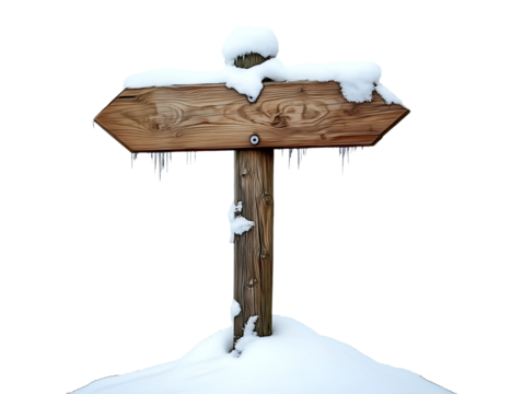 Wooden signpost in snow isolated on transparent or white background