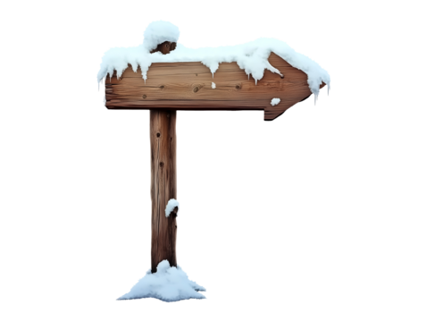 Wooden signpost arrow in snow isolated on transparent or white background