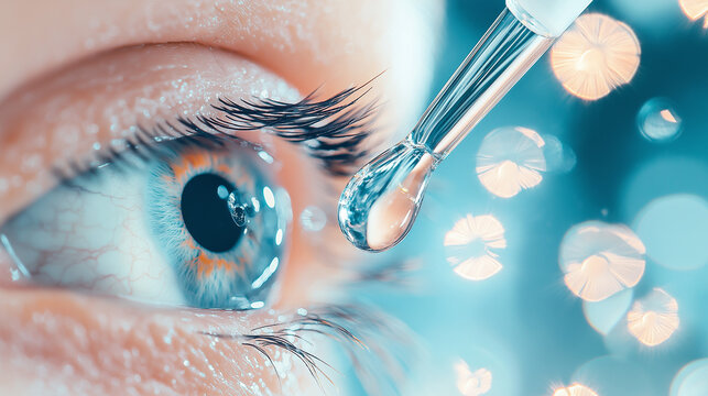 Makro-Auge: Blaue Iris, erweiterte Pupille. Glastropfen f&auml;llt von Pipette. Augentropfen-Konzept. Medizinische Versorgung. Optometrie. Sehkraft. Ophthalmologie