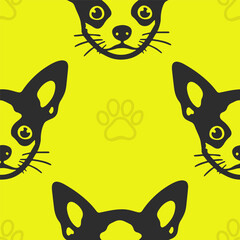 Seamless vector pattern with cute draw chihuahua dogs and dog food., paws. Simple doodle style.	
