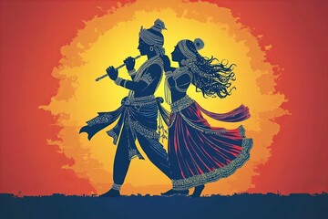 Romantic silhouette of Krishna and Radha dancing and embracing , symbolizing divine love and harmony, new beautiful stock image illustration AI