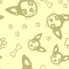 Seamless vector pattern with cute draw chihuahua dogs and dog food., paws. Simple doodle style.	
