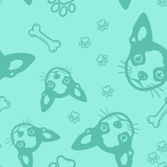 Seamless vector pattern with cute draw chihuahua dogs and dog food., paws. Simple doodle style.	
