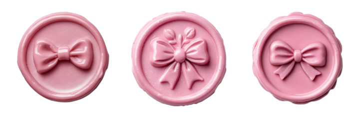 Pink wax seal with a cute bow embossed design, flat lay isolated on a white background, top view.