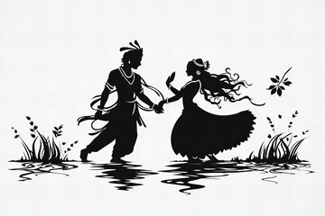 Romantic silhouette of Krishna and Radha dancing and embracing , symbolizing divine love and harmony, new beautiful stock image illustration AI