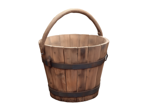 Wooden bucket with handle isolated on transparent or white background