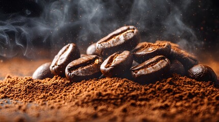 Freshly Roasted Coffee Beans with Steam and Ground Coffee
