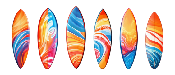 Collection set of colorful surfboards isolated on transparent or white background