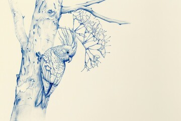 Naklejka premium Vintage drawing cockatiel bird on tree illustrated produce sketch.