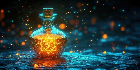 Potion bottle glowing with an enchantment, surrounded by arcane symbols, enchantment potion, magical brew