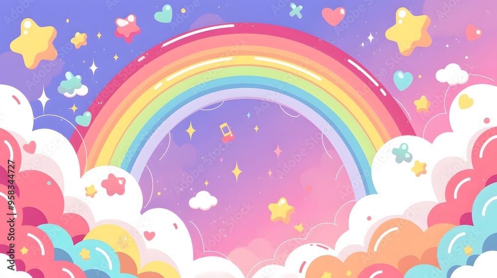 Sticker cute rainbow hearts and stars background for children s illustration