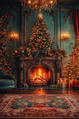 Christmas Interior With Fireplace, Tree, Gifts, And Antique Furniture. Cozy Christmas Atmosphere