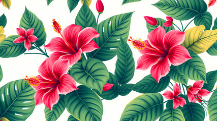 Seamless pattern with tropical hibiscus flowers and leaves.