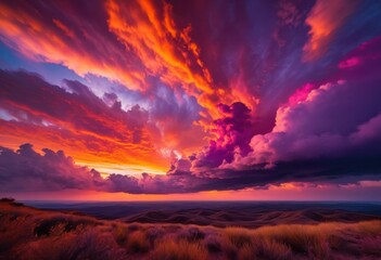 Fototapeta premium stunning sunset over vibrant cloud formations rich colors dynamic patterns sky, view, breathtaking, horizon, nature, scenery, beauty, landscape, light