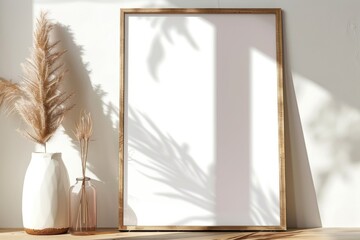Minimalist Interior with Blank Picture Frame, Dried Flowers, and Ceramic Vase in Natural Light