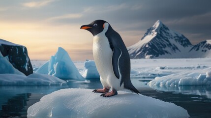 a penguin Stands on Frozen Ice at Rock Shore