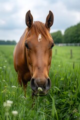 Fototapeta premium Equestrian Grace: A Picture of a Mare in a Summer Farm Landscape