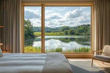 Modern Bedroom with Lake and Forest View