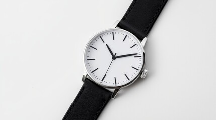 Close-up of a minimalistic watch with a clean, white dial and black leather strap, epitomizing elegant simplicity.
