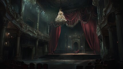 Naklejka premium Dark and Mysterious Stage with Red Curtains and Chandelier.
