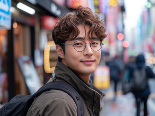 Fototapeta premium An attractive young Asian man with glasses and a backpack smiles at the camera on a city street.
