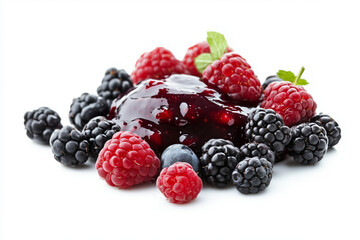 Closeup of berry pile like fresh raspberries, blackberries, and blueberries isolated on white background.