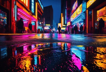 Obraz premium vibrant wet pavement brilliant reflections captured colorful urban setting, water, colors, street, shine, light, surface, bright, city, scene, texture