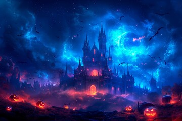 A haunted castle illuminated by jack-o'-lanterns on a spooky night, copy space for text, website banner, halloween advertising, halloween poster
