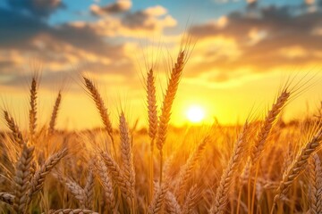 Fototapeta premium Ripe wheat fields natural landscape at sunset. farm harvest season , ai