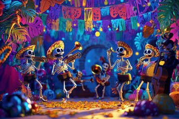Obraz premium Skeletons Playing Music at a Day of the Dead Party.