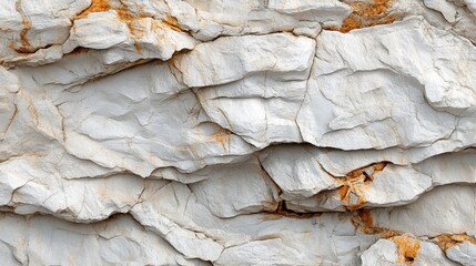Fototapeta premium Close up of white rock texture background with horizontally layered natural rocks. The rough surface has brown veins and complex geological patterns, suitable for design and decoration.
