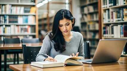 black haired woman studying in the library.