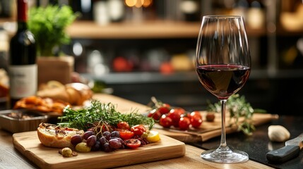 A beautifully arranged wine and food pairing setup, with a glass of red wine alongside gourmet dishes and a rich wooden table, emphasizing the culinary experience.