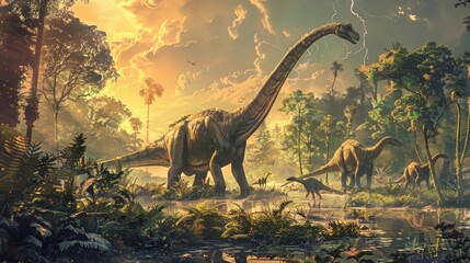 Picture a lush prehistoric savannah where herds of dinosaurs roam freely.