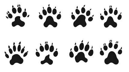 Fototapeta premium Vector black animal paw prints silhouette collection on a white background, vector illustration logo design with a flat style and simple minimalist details