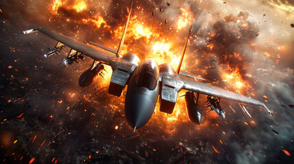 Fighter jet racing past burning ruins, fiery explosions below, smoke trails in its wake, intense and dynamic low-angle shot