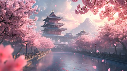 Elegant 3D illustration of an ancient Japanese castle surrounded by cherry blossoms, offering a scenic view with generous empty areas for screen background use.